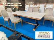 Meja Makan Marmer Kaki Kayu Finishing Rastik Natural Jati
