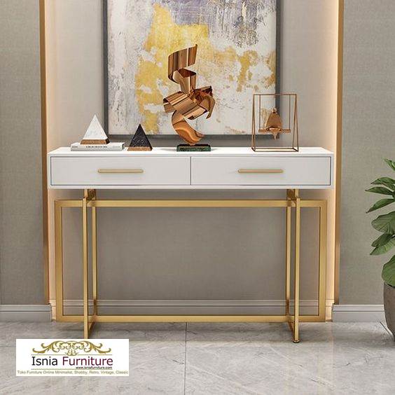 Meja Konsul Dua Laci Besar Kaki Stainless Gold Modern Simple