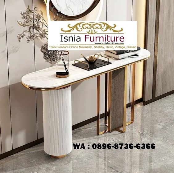 meja konsul stainless desain mewah marmer oval putih