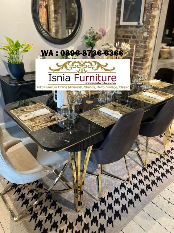 meja makan marmer hitam persegi panjang kombinasi salur hitam kaki stainless gold