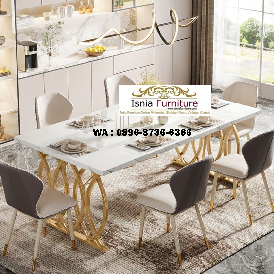 meja makan marmer putih mewah persegi panjang stainless gold unik