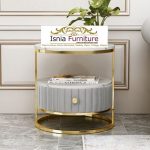 Meja Sudut Marmer Laci Bawah Bahan Velvet Kaki Penyangga Stainless Gold