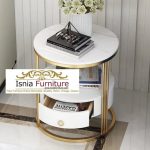 Meja Sudut Storage Minimalis Marmer Bulat Kaki Stainless Gold Imut
