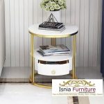 Meja Sudut Storage Minimalis Marmer Bulat Kaki Stainless Gold Imut