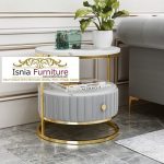 Meja Sudut Marmer Laci Bawah Bahan Velvet Kaki Penyangga Stainless Gold