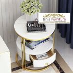 Meja Sudut Storage Minimalis Marmer Bulat Kaki Stainless Gold Imut