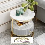 Meja Sudut Marmer Laci Bawah Bahan Velvet Kaki Penyangga Stainless Gold