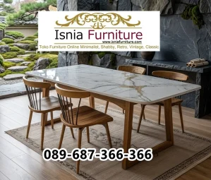 Meja Makan Marmer Sukabumi Kaki Kayu Jati Custom Sesuai Permintaan