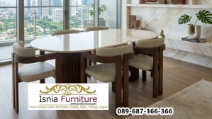 Meja Makan Marmer Oval Batu 6 Kursi Nyaman dan Stylish untuk Keluarga