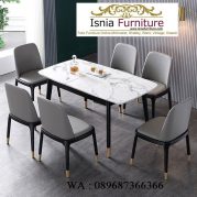 Model Meja Makan Top Marmer Carrara Persegi Panjang Kaki Kayu