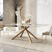 Jual Meja Makan Marmer Minimalis Kaki Stainless Gold Silang Acak Unik
