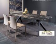 Jual Meja Makan Marmer Hitam Corak Abstrak Kaki Besi Hitam Silang