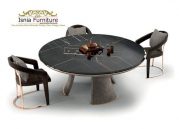 Jual Set Meja Makan Marmer Hitam Bulat Corak Abstrak Mewah