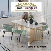 Jual Meja Makan Marmer Putih Kaki Stainless Kursi Makan Aksen Bludru