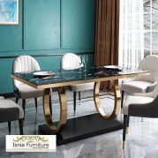 Jual Set Meja Makan Marmer Mewah Kaki Stainless Gold Dua Cincin