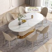 Jual Set Meja Makan Marmer Oval Vintage Kaki Stainless Kombinasi