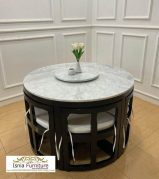 Jual Set Meja Makan Top Marmer Carara Bulat Bundar Minimalis