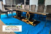 Meja Makan 12 Kursi Mewah Kaki Stainless Marmer Gold Elegan