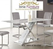 Jual Meja Makan Marmer Kaki Stainless Silver Kombinasi Marmer Desain Silang