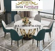 Jual Meja Makan Marmer Putih Bulat Set 6 Kursi Kaki Stainless Terbaru