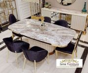 Jual Set Meja Makan Marmer Terbaru Stainless Stell Gold Mewah 6 Kursi