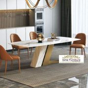 Jual Meja Makan Top Marmer Modern Stainless Gold Kombinasi Baru