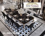 Jual Meja Makan Marmer Hitam 4 Kaki Stainless Simple Set 10 Kursi