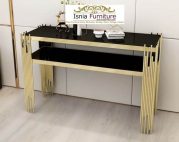 Jual Meja Konsul Marmer Hitam Dua Susun Kaki Stainless Gold Salur