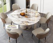 Jual Meja Makan Marmer Bentuk Bulat Kaki Kombinasi Stainless Minimalis