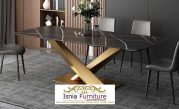 Jual Meja Makan Marmer Terlaris Stainless Stell Gold Unik Silang Bawah