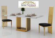 Jual Meja Makan Marmer Putih Bercorak Abstrak Stainless Gold Salur Mengkilap