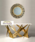 Jual Meja Konsul Putih Persegi Panjang Kaki Stainless Gold Segitiga Abstrak