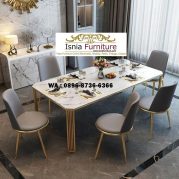 Jual Meja Makan Marmer Carrara Putih Stainless Gold Simple Elegant