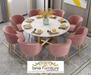 Jual Meja Makan Marmer Bundar Lebar Termewah 8 Kursi Bahan Kain Velvet