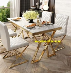 Meja Makan Marmer Elegant Kaki Stainless Silver Silang