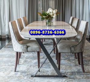 Meja Makan Marmer Set 6 Kursi Kaki Besi Silang