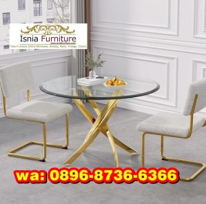 Meja Makan Bulat Kaca Kaki Stainless