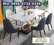Meja Makan Marmer Carara Modern Kaki Silang Gold