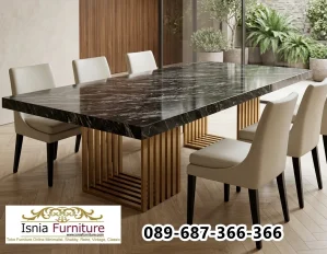 Meja Makan Marmer Bandung Rangka Kaki Kayu Jati Asli Denggan Dudukan Kursi Nyaman