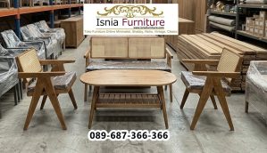 Jual Meja Kursi Ruang Tamu Surakarta Kayu Jati Sandaran Anyaman Rotan Nyaman